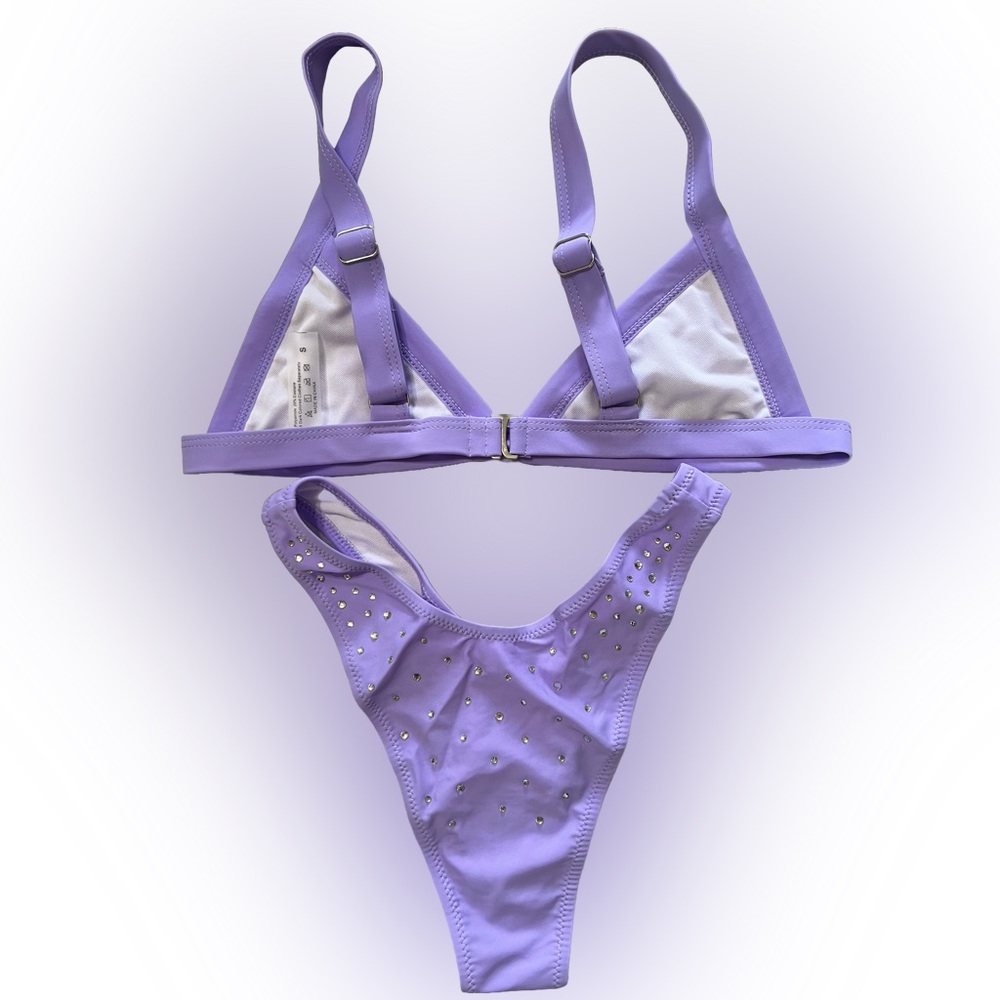 Lavender Rhinestone Triangle High Cut Cheeky Bikini Set - Picture 3 of 11